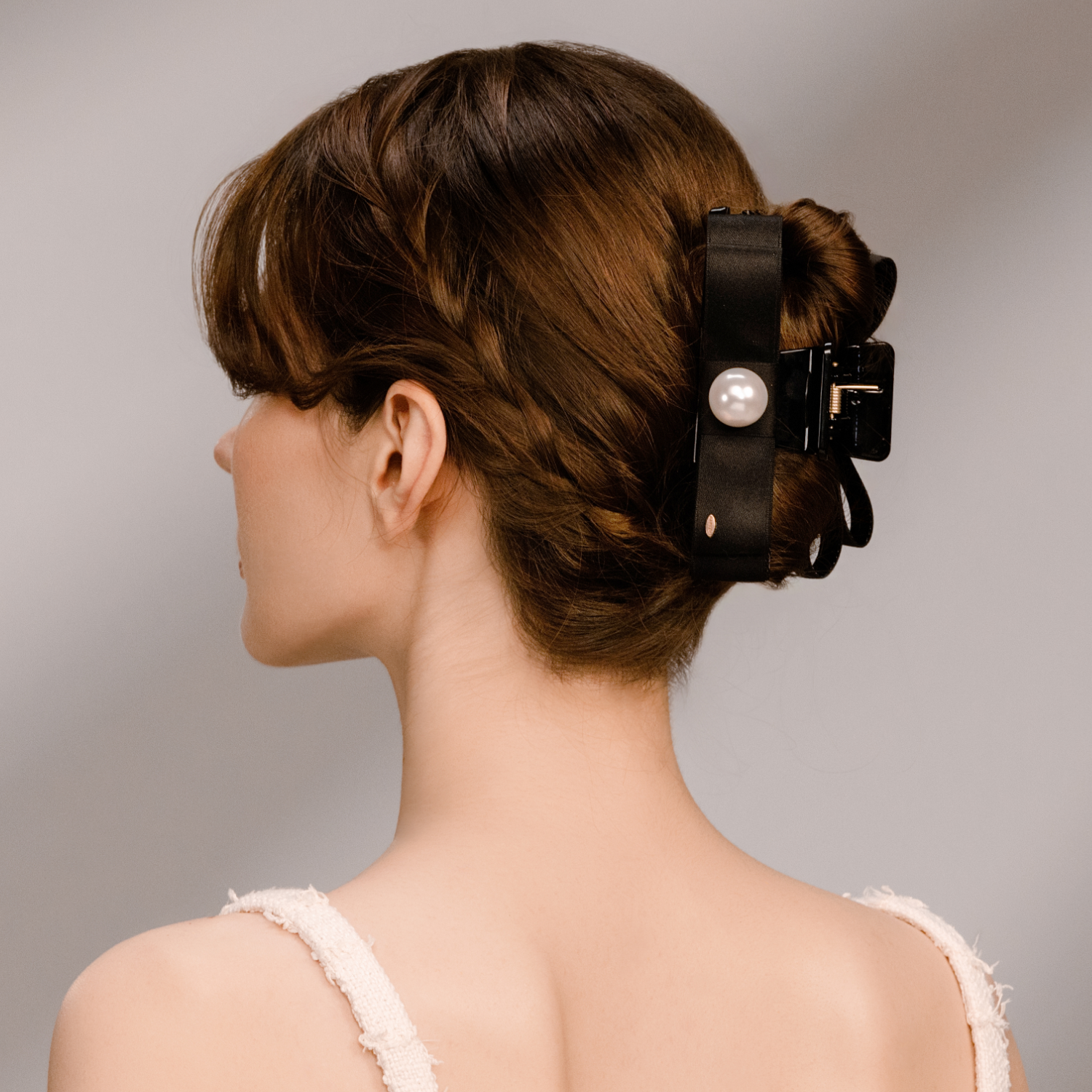 Ribbon Pearl Extra Large Hair Claw (2 Layered Bow & 1 Bead)