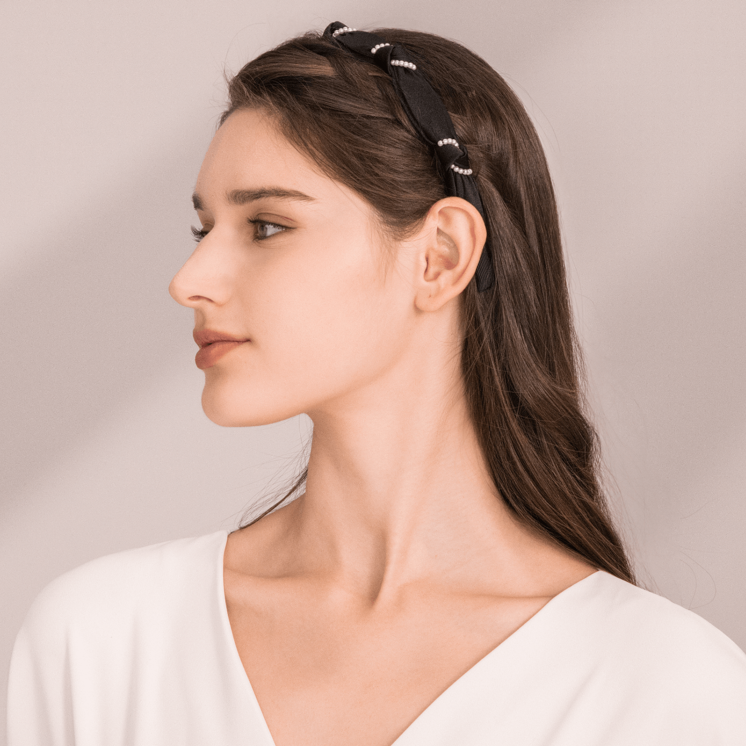 Satin Pearl Thin Headband (Knot & 2 Strands)