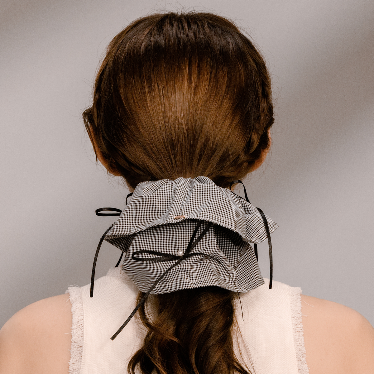 Plaid Pearl Extra Large Scrunchie (3 Bows & 3 Beads)