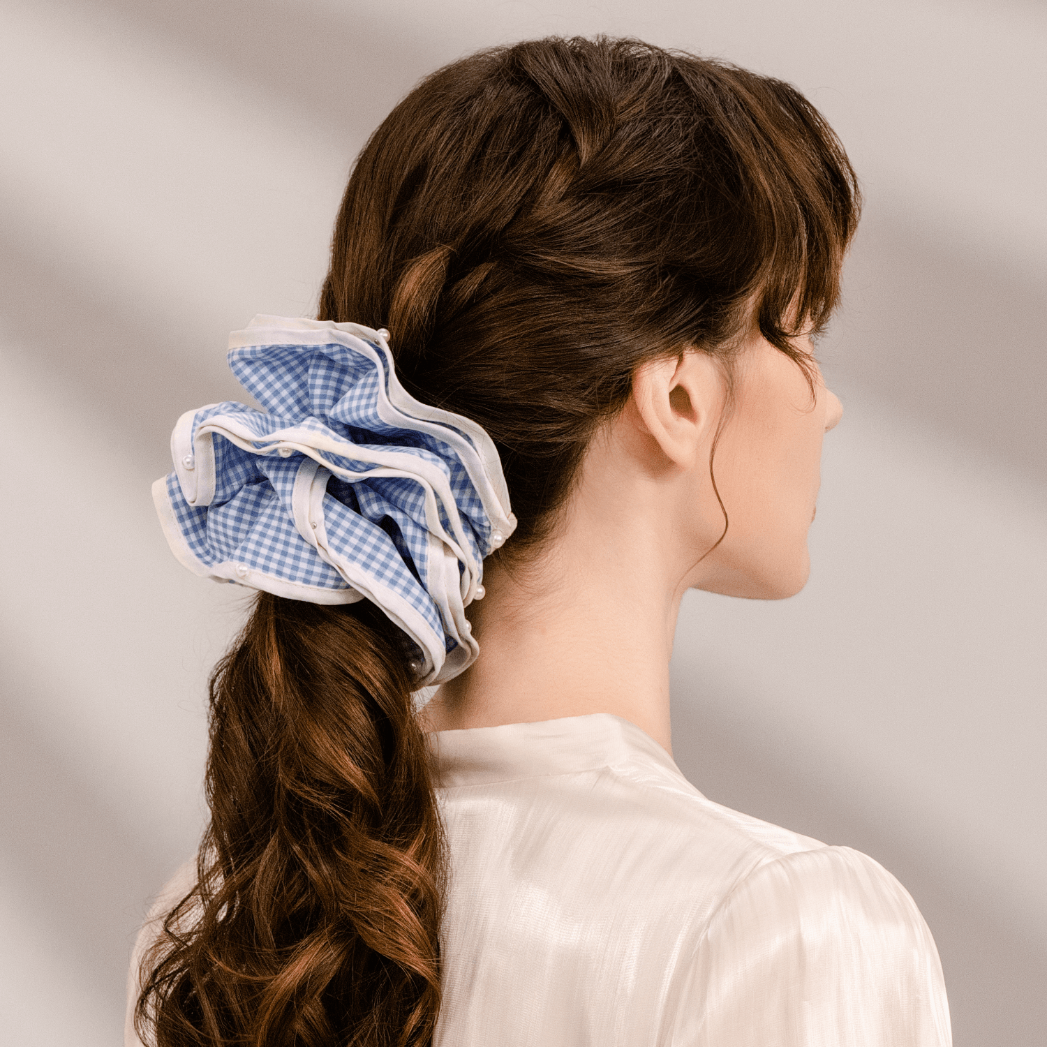 Plaid Pearl Extra Large Scrunchie (4 Layered & Scattered Beads)