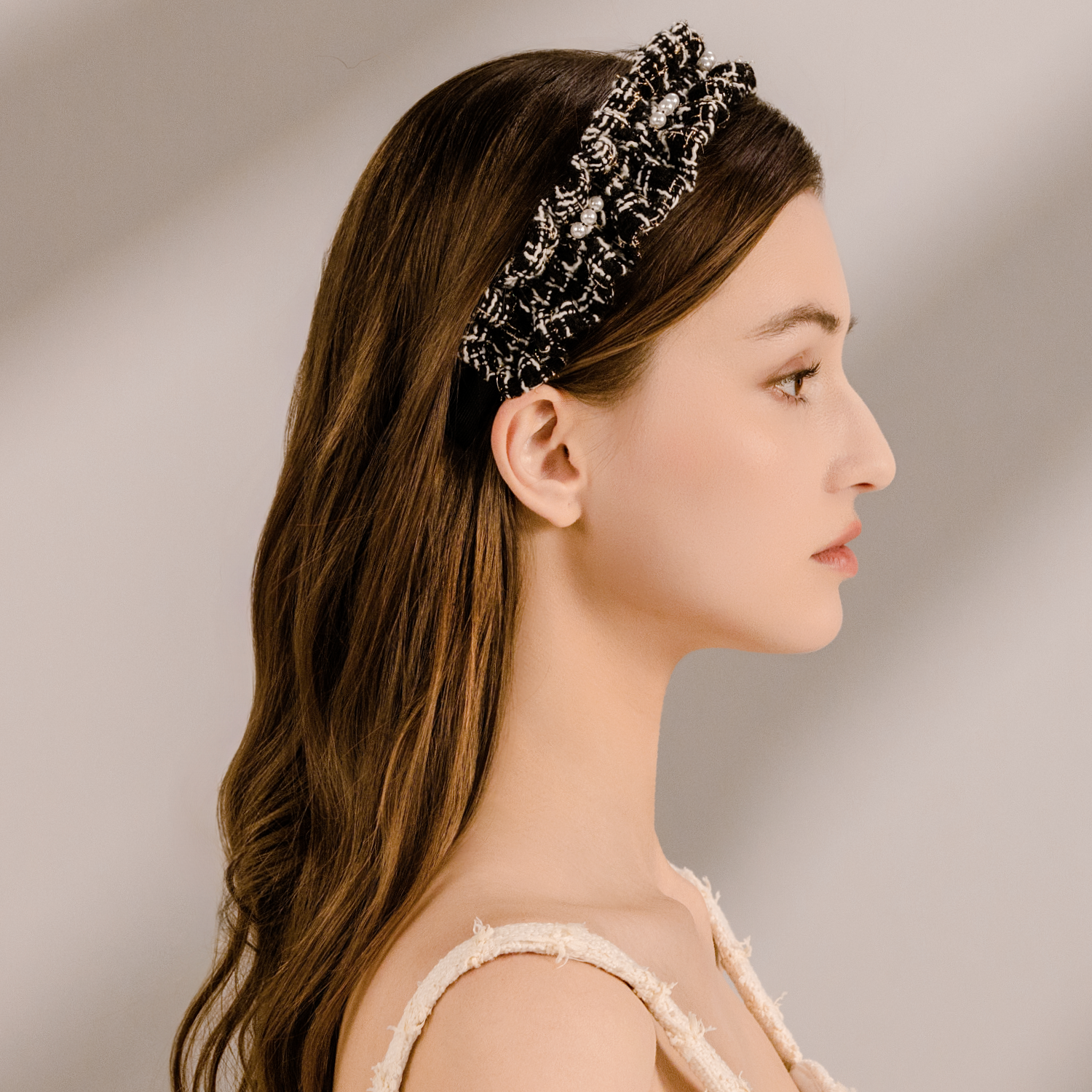 Tweed Pearl Extra Wide Headband (Spaced & 3 Beads)