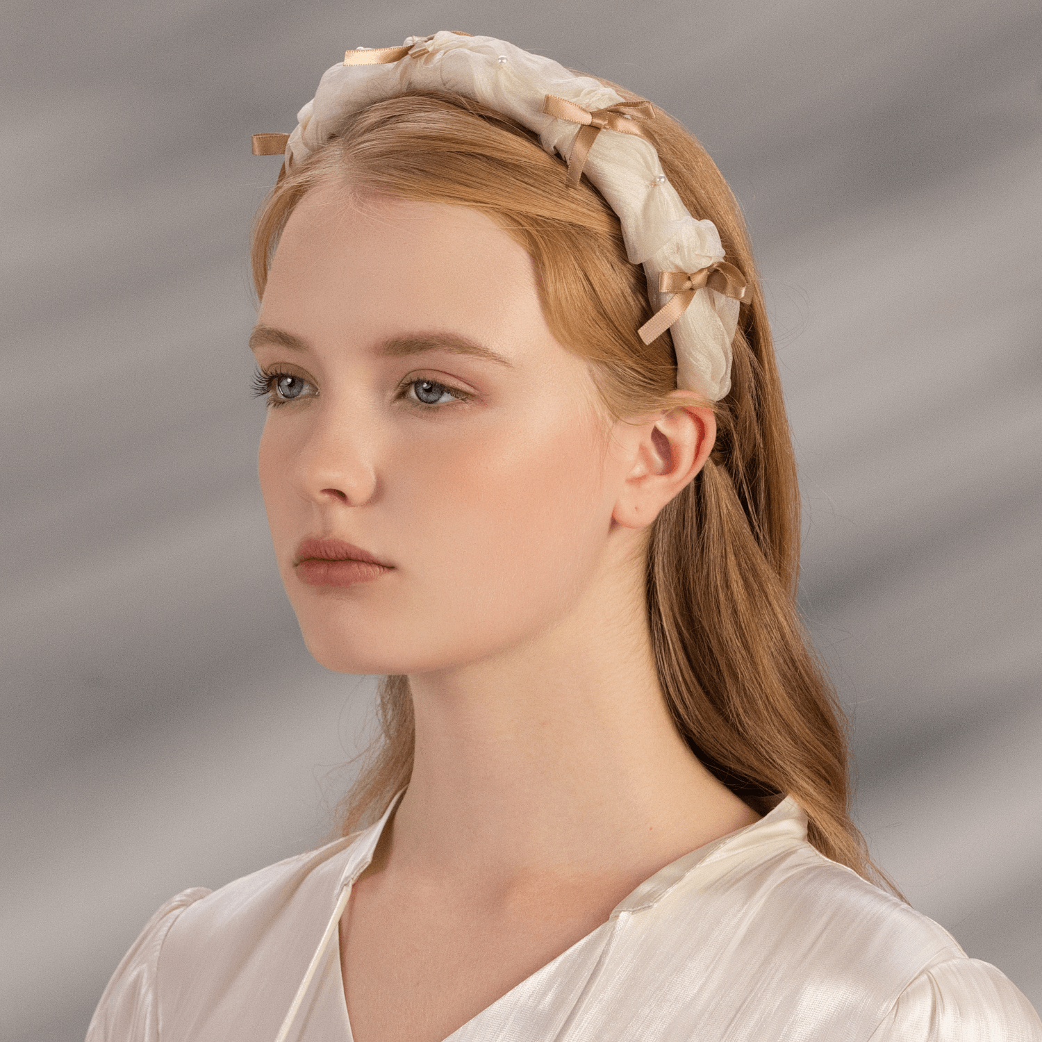 Moonlight Organza Pearl Wide Headband (Bow & 4 Beads)