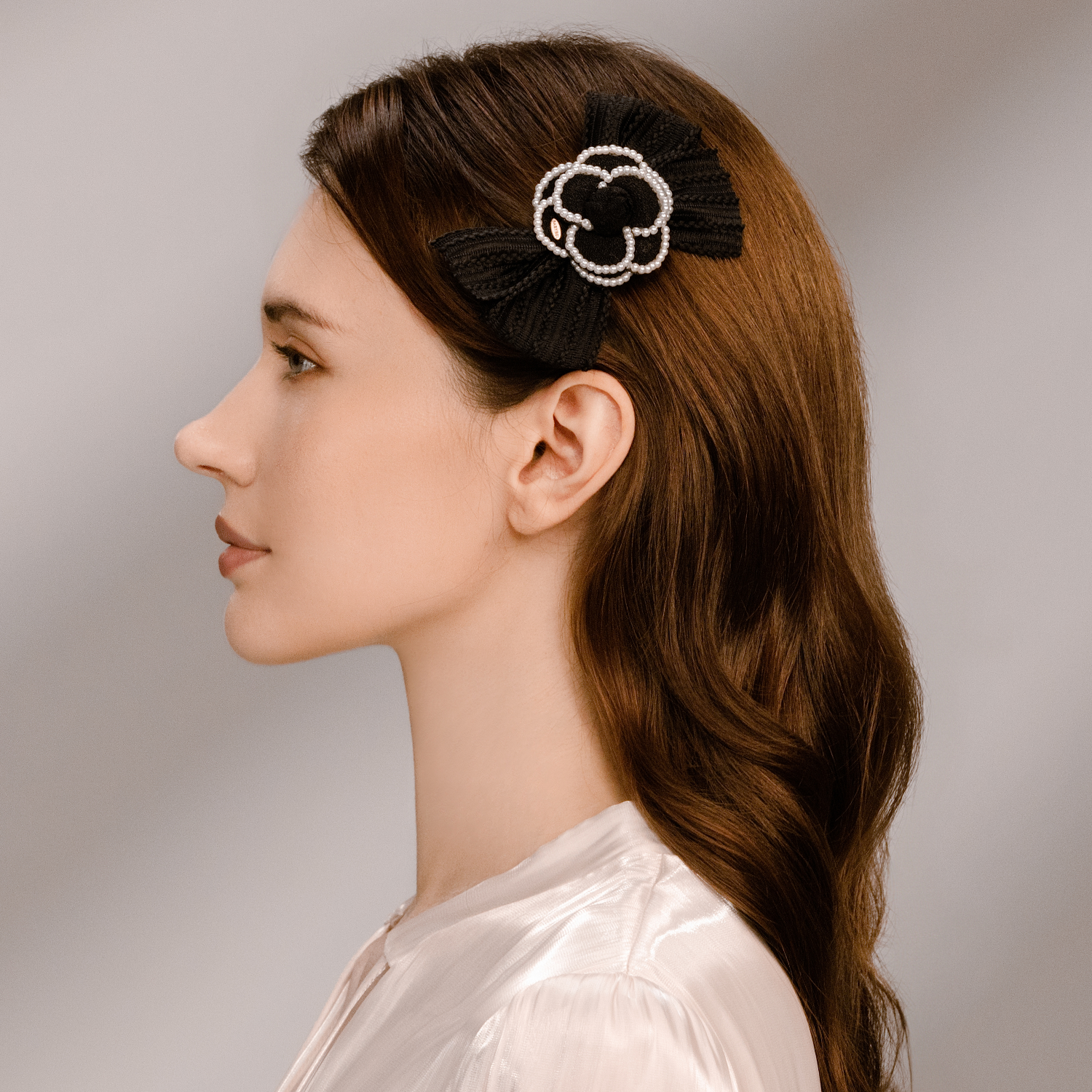 Camellia Pearl Large Hair Clip (Lace Bow & Beaded Edge)