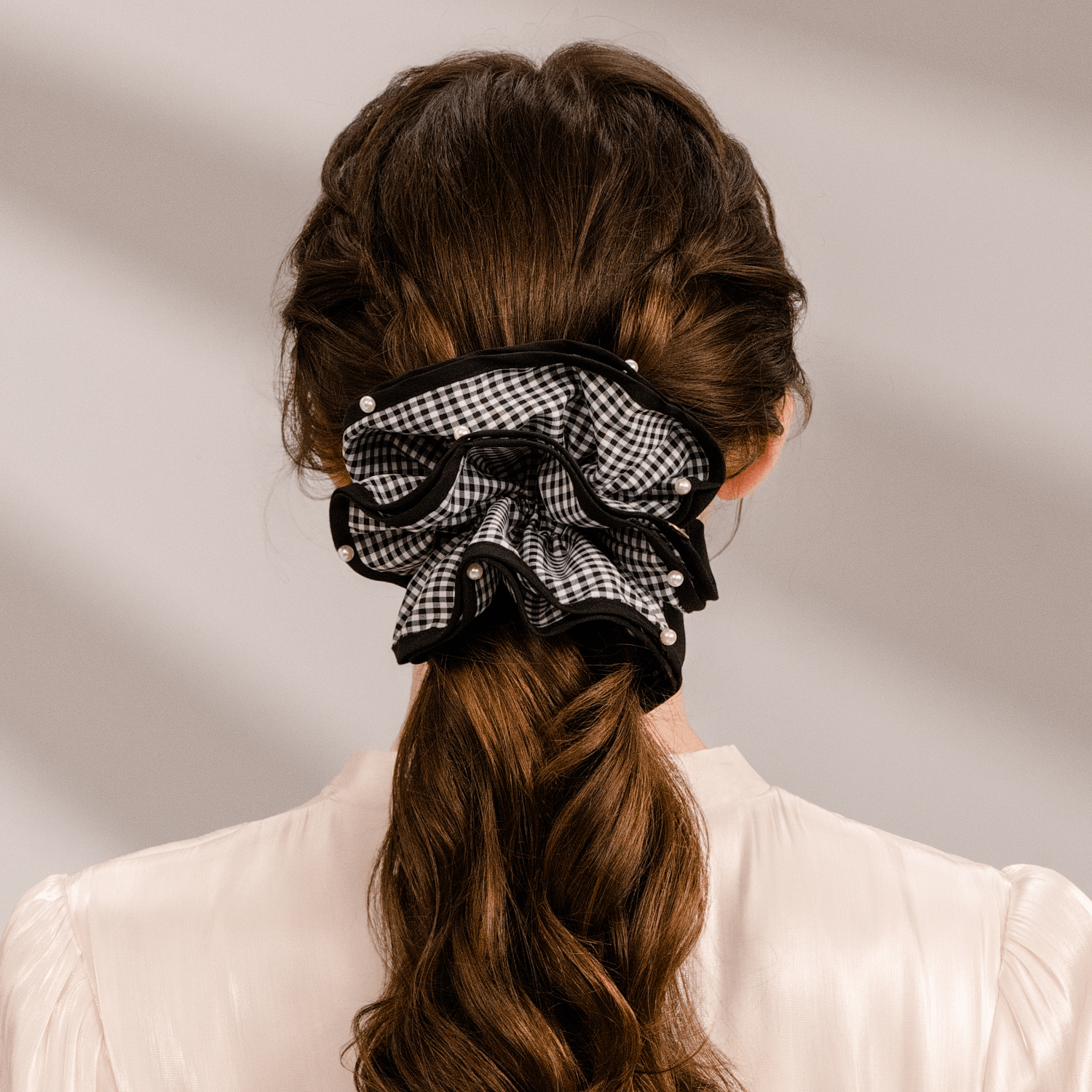 Plaid Pearl Extra Large Scrunchie (4 Layered & Scattered Beads)
