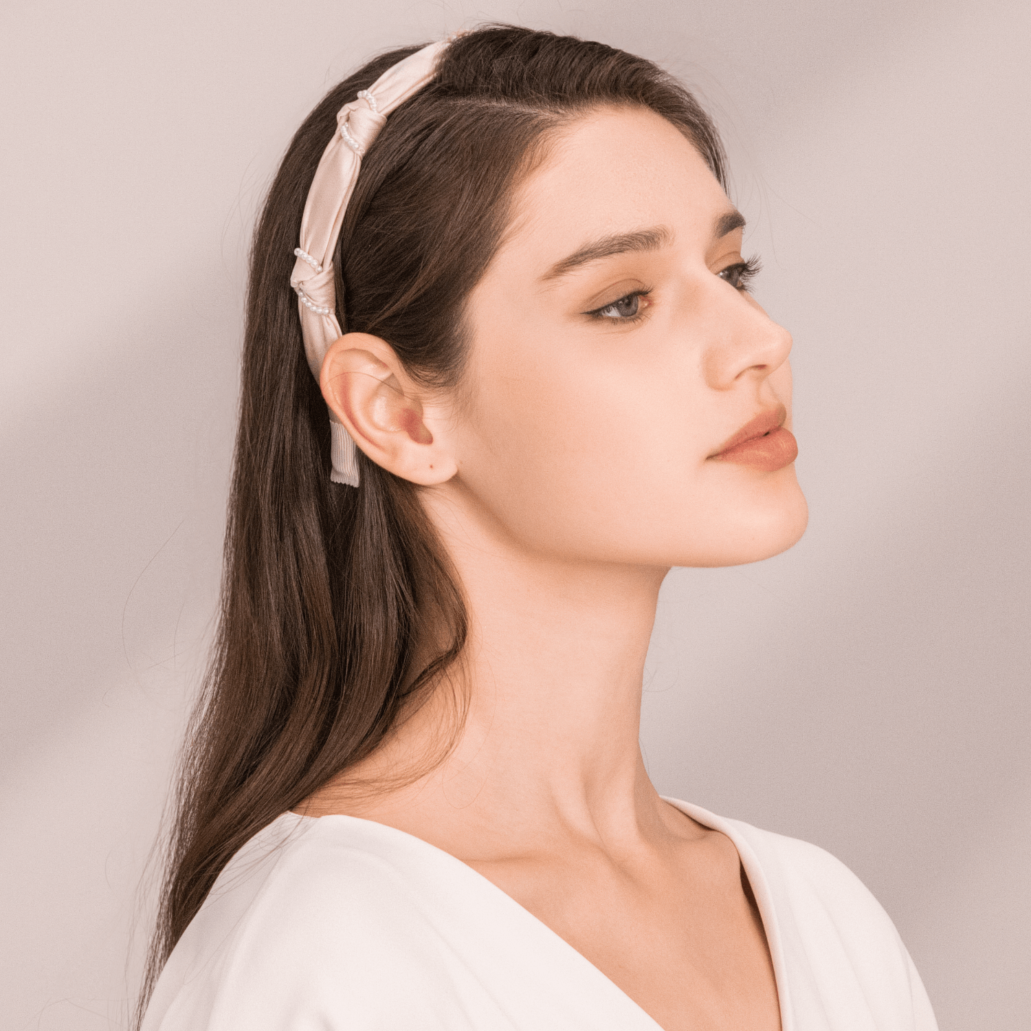Satin Pearl Thin Headband (Knot & 2 Strands)