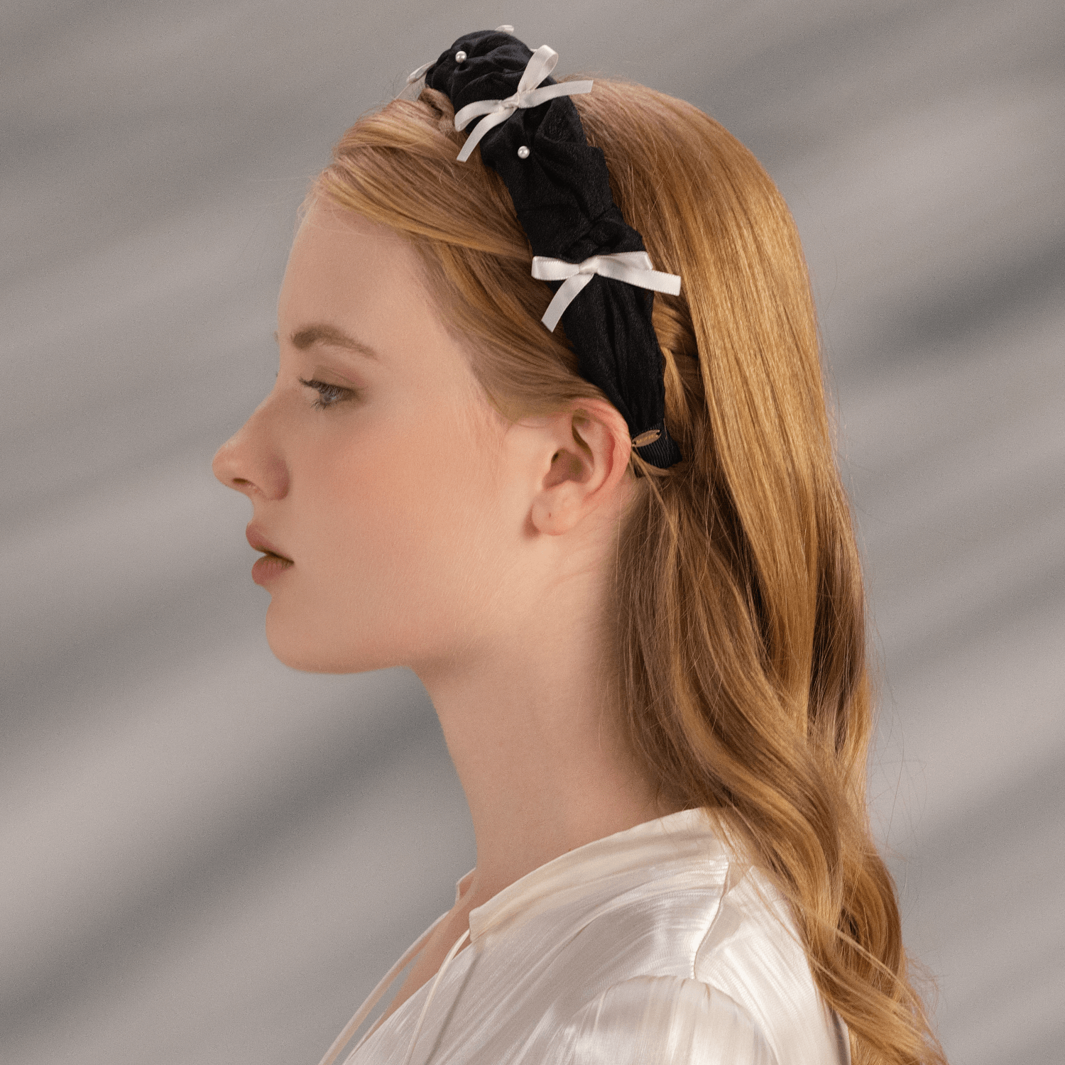 Moonlight Organza Pearl Wide Headband (Bow & 4 Beads)
