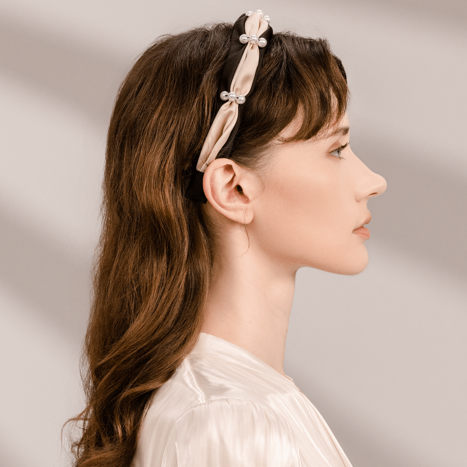 Satin Pearl Wide Headband (Color-blocked & 3 Beads)