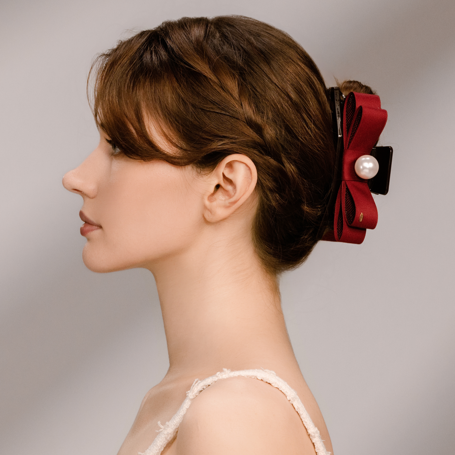 Ribbon Pearl Extra Large Hair Claw (2 Layered Bow & 1 Bead)