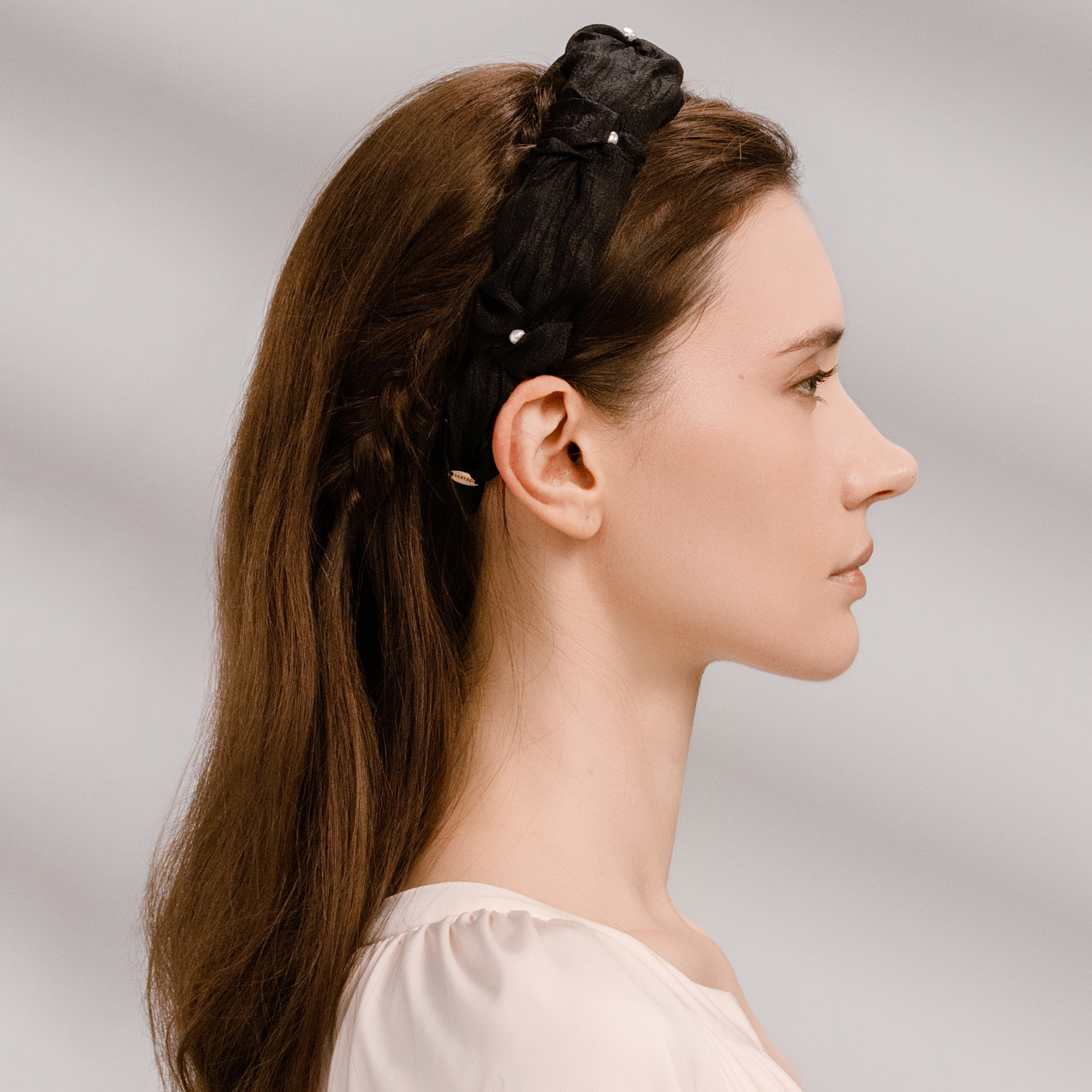 Organza Pearl Wide Headband (Bow & 4 Beads)