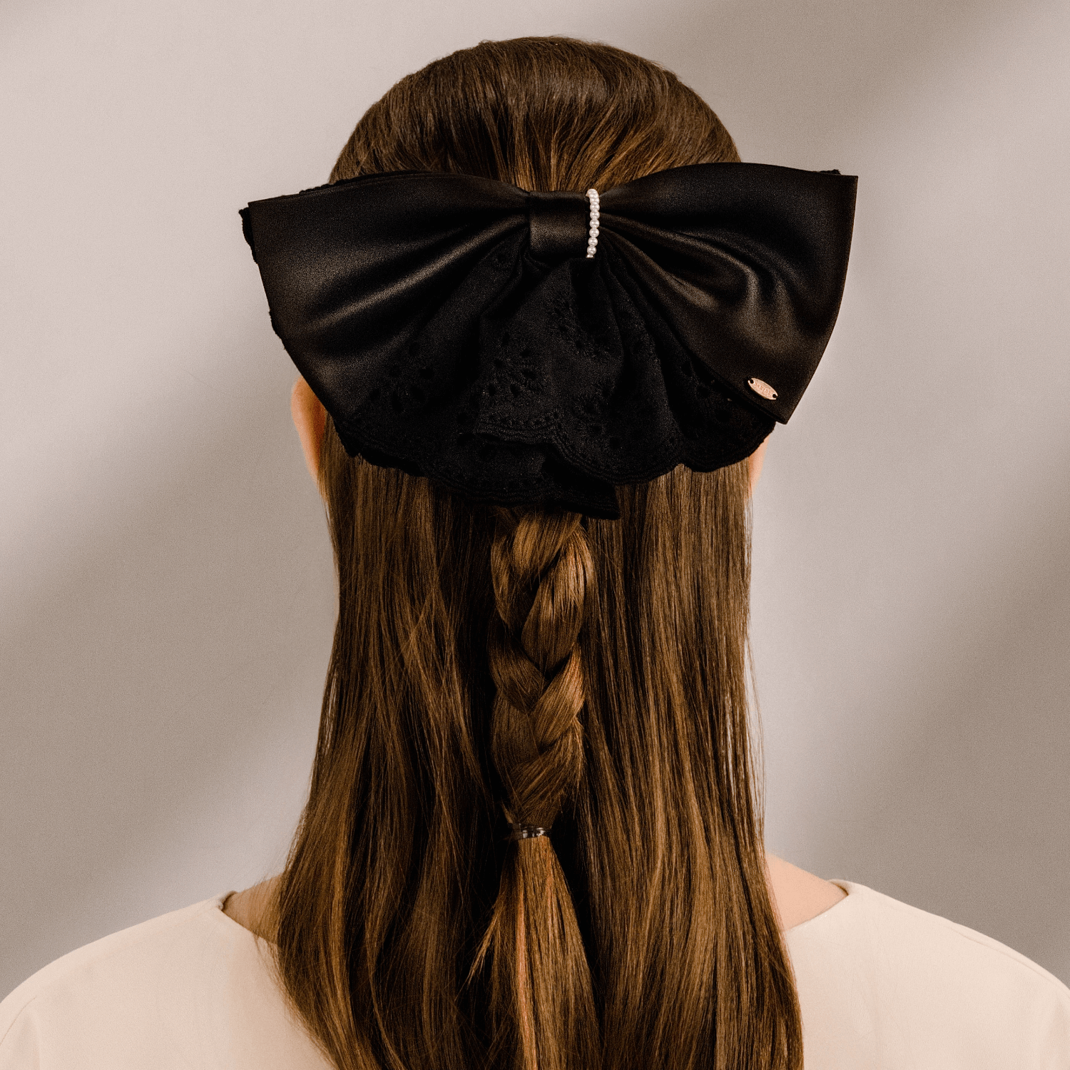 Satin Pearl Large Hair Barrette (Lace & 1 Strand)