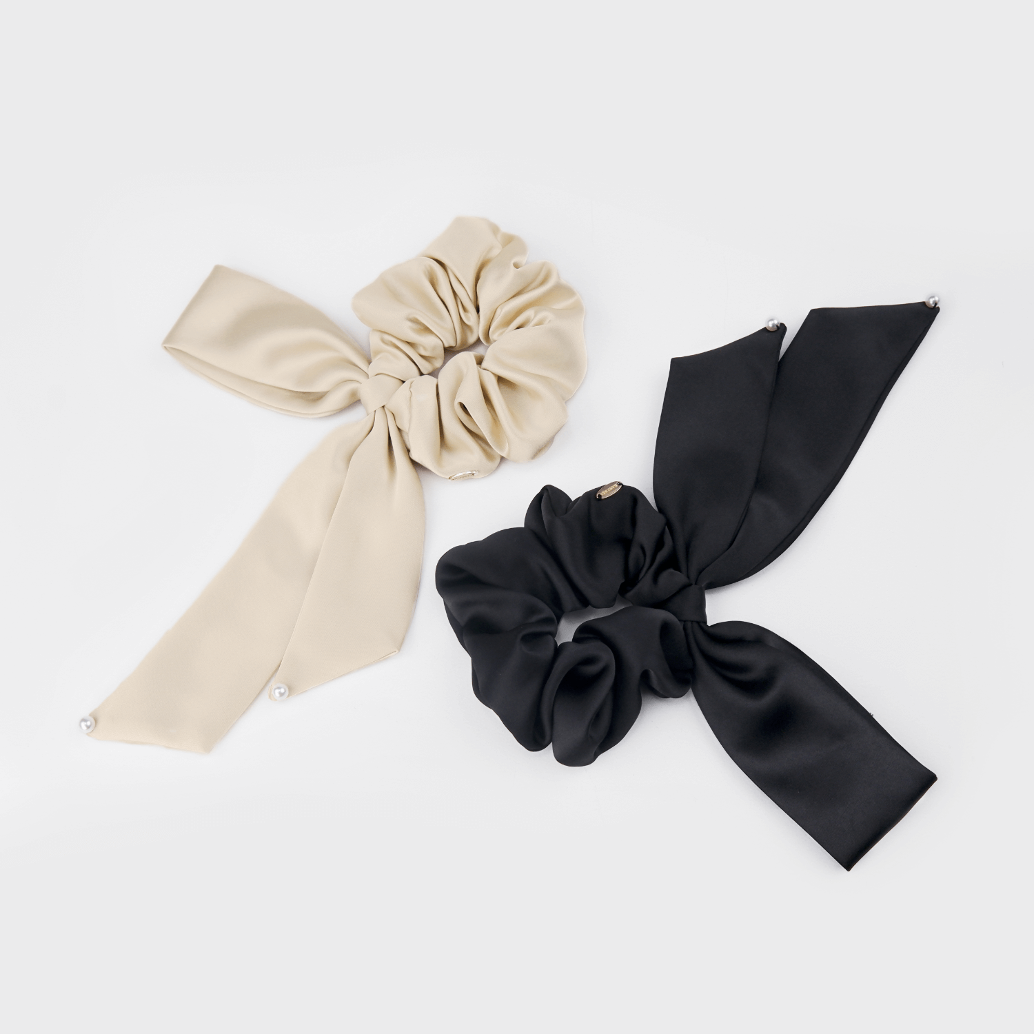 Satin Pearl Large Scrunchie (Sided Bow & 2 Beads)