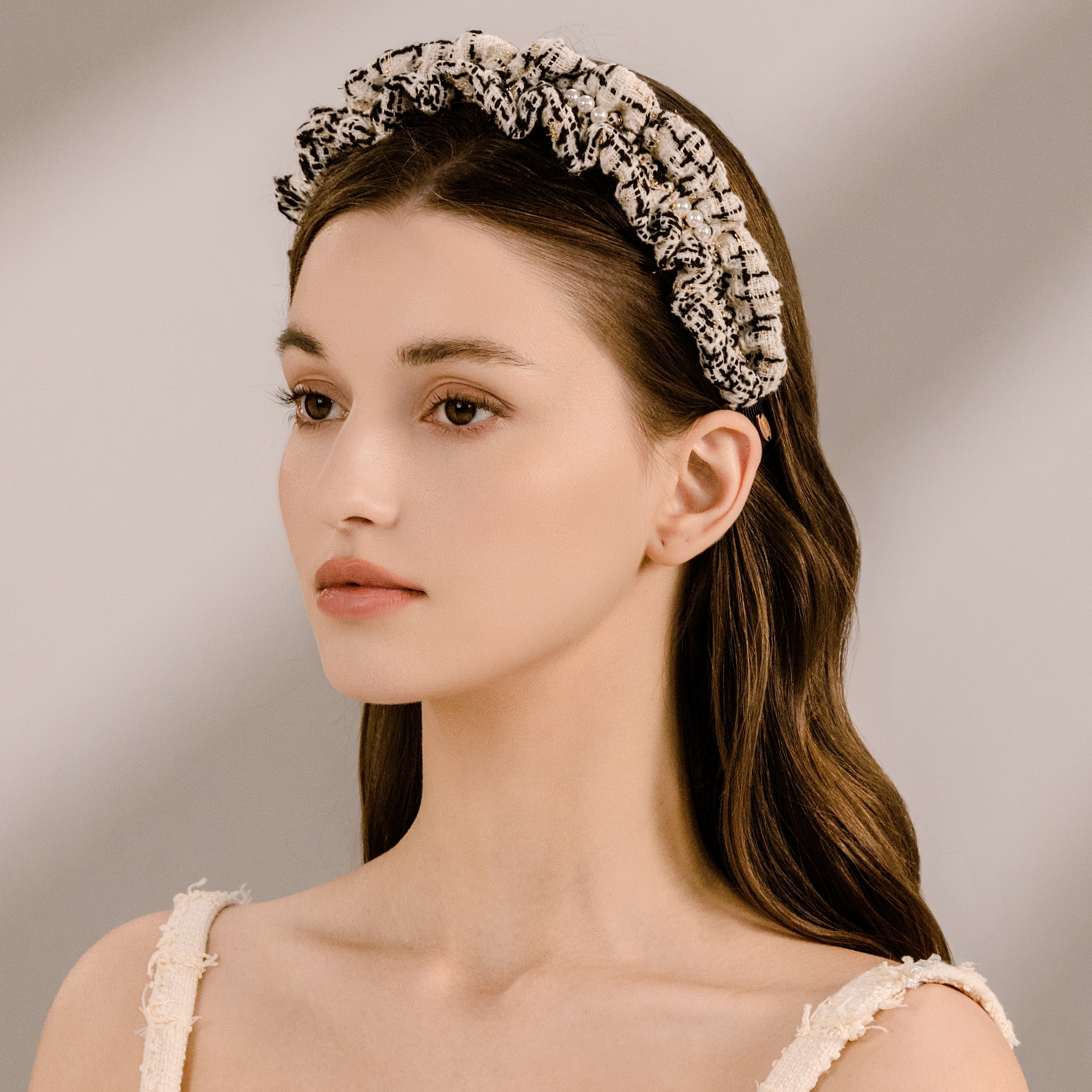 Tweed Pearl Extra Wide Headband (Spaced & 3 Beads)